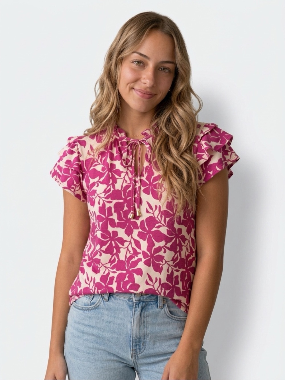 FARM Rio Women's Pink Floral Blouse Flutter Sleeve Tie Neck Boho Top Small